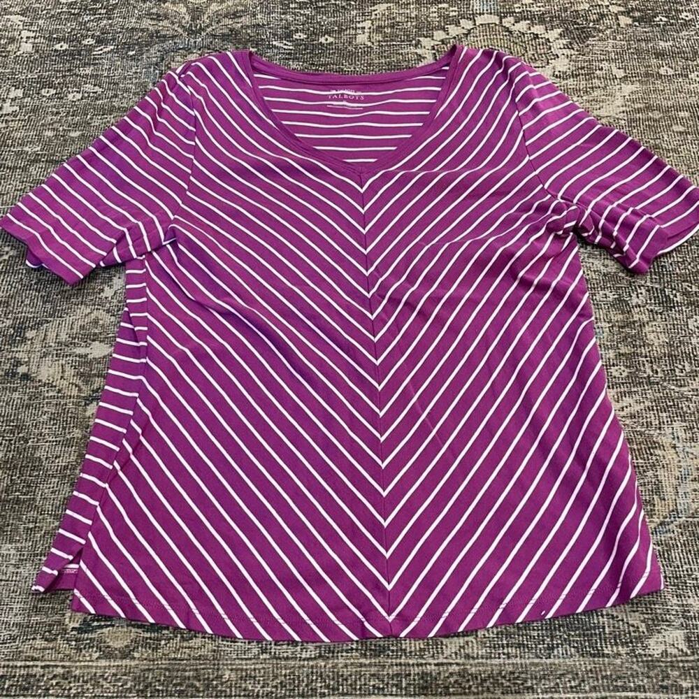 Talbots Womens M Purple White Striped V-Neck Chevron Cotton Tee Short Sleeve Top